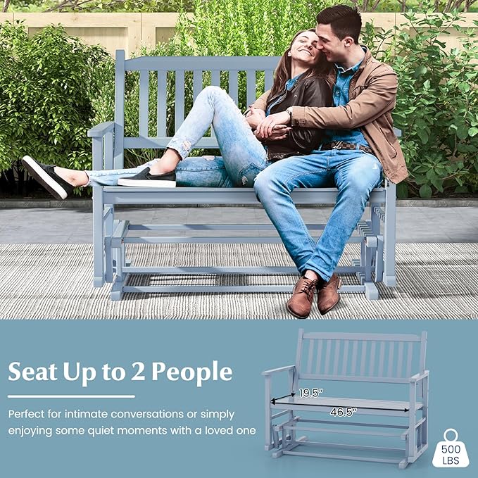 Tangkula 2 Person Outdoor Glider Bench, Poplar Wood Patio Swing Glider Loveseat with Armrests, Slatted Seat & Backrest, Porch Rocking Glider Bench for Backyard, Garden, Deck (Grey)