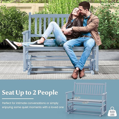 Tangkula 2 Person Outdoor Glider Bench, Poplar Wood Patio Swing Glider Loveseat with Armrests, Slatted Seat & Backrest, Porch Rocking Glider Bench for Backyard, Garden, Deck (Grey)