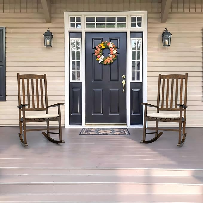 Nouva All-Weather Patio Rocking Chair, Solid Wood High Back Outdoor Porch Rocker Lounge Camping Chair for Porch Patio Fire Pit Garden Backyard Deck Poolside Lawn,Natural
