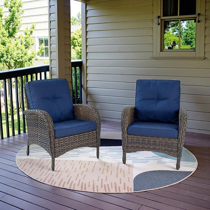 Belord Patio Club Chair Wicker Chairs - Outdoor High Back Chair Set of 2 Patio Furniture Set Rattan Seating with Removable Cushions for Porch Balcony Deck Pool Brown/Blue