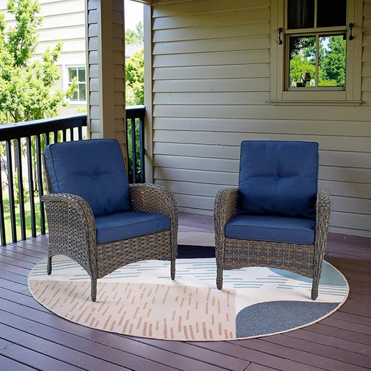 Belord Patio Club Chair Wicker Chairs - Outdoor High Back Chair Set of 2 Patio Furniture Set Rattan Seating with Removable Cushions for Porch Balcony Deck Pool Brown/Blue