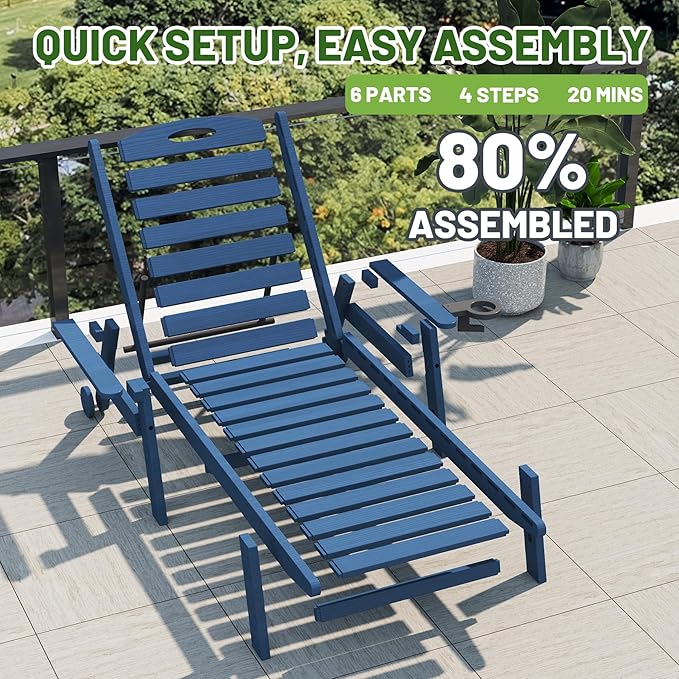 Outdoor Lounge Chairs, 78'' Long Patio Lounge Chair HDPE 5-Position Adjustable with Cup Holder & Rolling Wheels, Pool Lounge Chair for Sunbathing Tanning, Deck, Poolside -Dark Blue