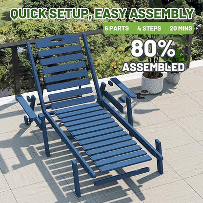 Outdoor Lounge Chairs, 78'' Long Patio Lounge Chair HDPE 5-Position Adjustable with Cup Holder & Rolling Wheels, Pool Lounge Chair for Sunbathing Tanning, Deck, Poolside -Dark Blue