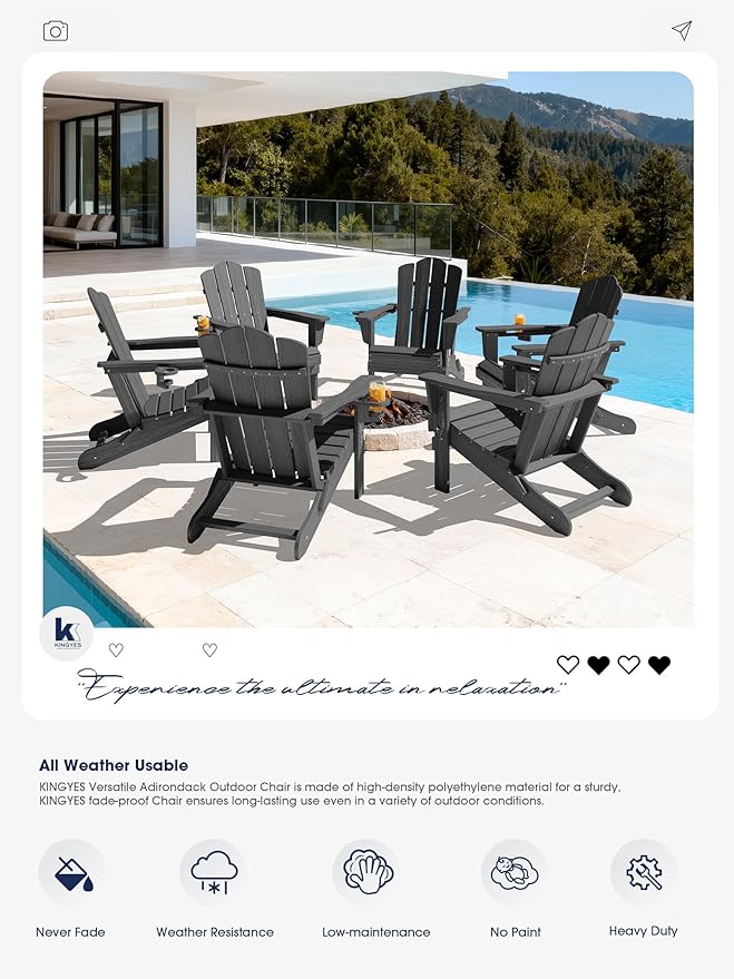 KINGYES Folding Adirondack Chair, HDPE All-Weather Patio Chairs with Cup Holder, Wooden Textured Fire Pit Chairs for Poolside, Backyard, Deck, Grey