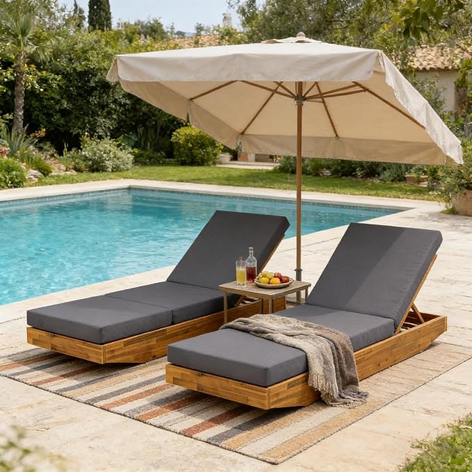 Acacia Wood Chaise Lounge with Cushion - Teak Finish Outdoor Recliner with Dark Gray 3-Fold Water-Repellent Cushion, 300lbs Capacity