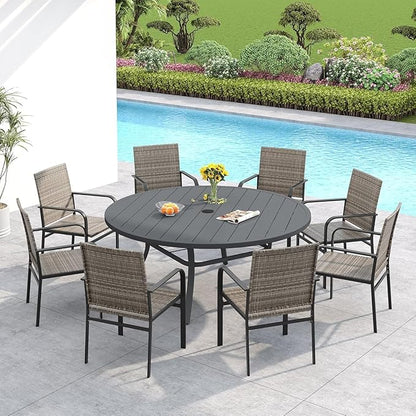 VICLLAX 60" Outdoor Round Patio Dining Table for 8-10, All Weather Metal Dining Table with Umbrella Hole for Deck Lawn Garden Backyard, Dark Grey