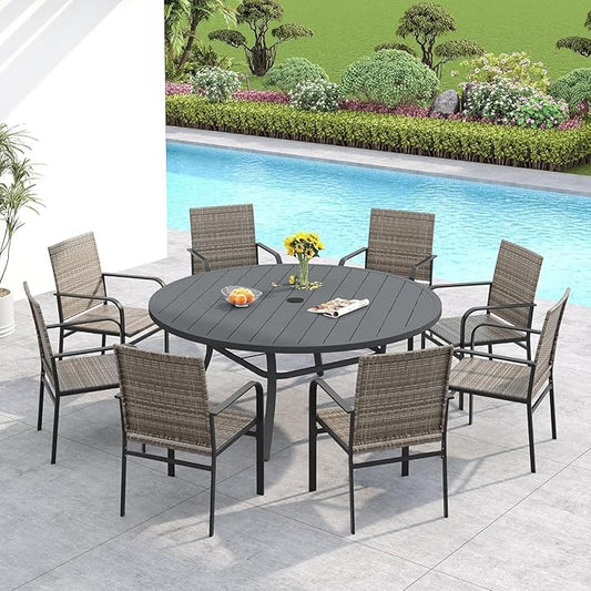 VICLLAX 60" Outdoor Round Patio Dining Table for 8-10, All Weather Metal Dining Table with Umbrella Hole for Deck Lawn Garden Backyard, Dark Grey