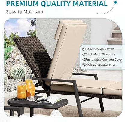 AECOJOY Chaise Lounge Chairs for Outdoor, Lounge Chairs Set of 2, Adjustable PE Rattan Wicker Patio Pool Lounge Chair with Cushion and Wheels for Backyard Deck Porch Garden, Brown Rattan&Khaki Cushion