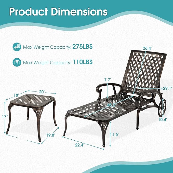 HOMEFUN Chaise Lounge Chair Outdoor, Poolside Lounger Set of 2 and 1 End Table - Cast Aluminum Tanning Chairs with Adjustable Backrest and Moveable Wheels, Bronze