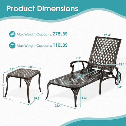 HOMEFUN Chaise Lounge Chair Outdoor, Poolside Lounger Set of 2 and 1 End Table - Cast Aluminum Tanning Chairs with Adjustable Backrest and Moveable Wheels, Bronze