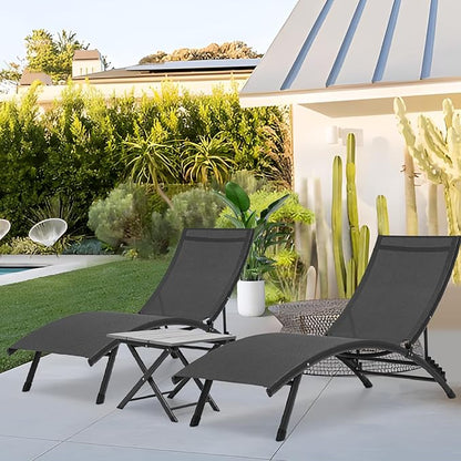 Athena Collection Outdoor Chaise Lounge Set, Aluminum Frame Pool Lounge Chairs with 5-Level Adjustable Backrest and Folding Side Table, Breathable Sun Lounger for Poolside Patio Outdoor, Black