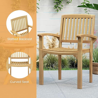 Tangkula Outdoor Patio Wood Dining Chair, Teak Wood Armchair with Slatted Seat & Curved Seat, Ergonomic Armrests, Solid Wooden Legs, for Balcony, Poolside, Porch, Yard (4)
