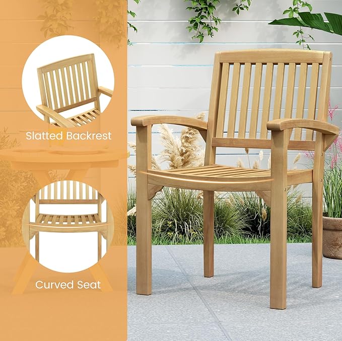 Tangkula Outdoor Patio Wood Dining Chair, Teak Wood Armchair with Slatted Seat & Curved Seat, Ergonomic Armrests, Solid Wooden Legs, for Balcony, Poolside, Porch, Yard (2)