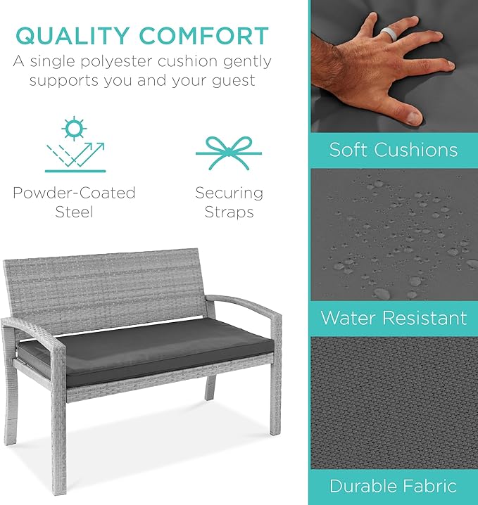 Best Choice Products Outdoor Bench 2-Person Wicker Garden Patio Benches Seating Furniture for Backyard, Porch w/Seat Cushion, 700lb Capacity - Gray/Gray