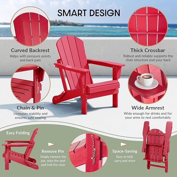 WestinTrends Malibu HDPE Outdoor Patio Folding Poly Adirondack Chair, Red