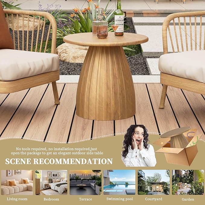 Metal Small Patio Table, Round Outdoor Side Table, Wood Color Outdoor Accent End Table, Patio Furniture, for Garden, Pool, Yard, Balcony, Living Room, Deck, Weather Resistant, No Assembly