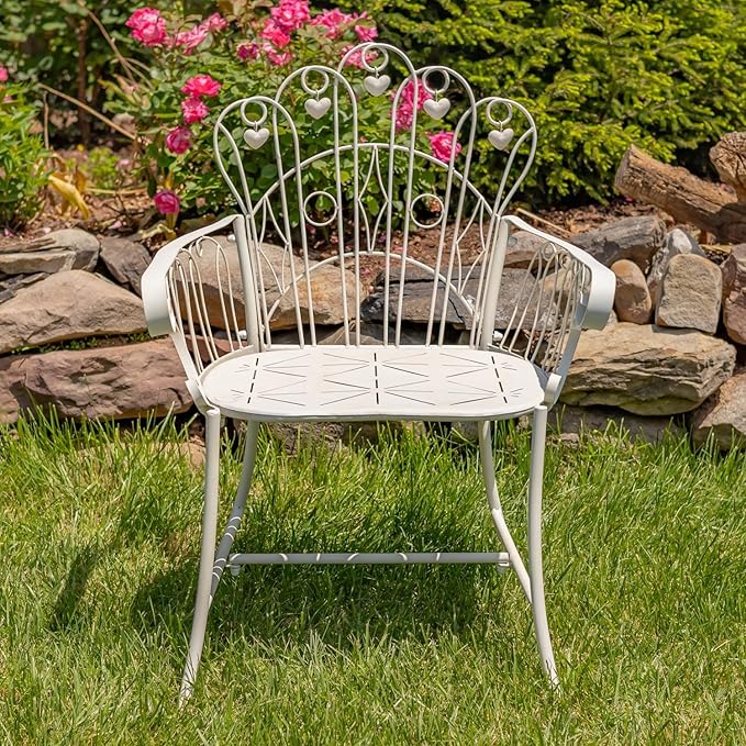 Zaer Ltd. Vintage Style Metal Patio Furniture with Heart Design Accents, Outdoor/Indoor Decor (Distressed White - Photo 4
