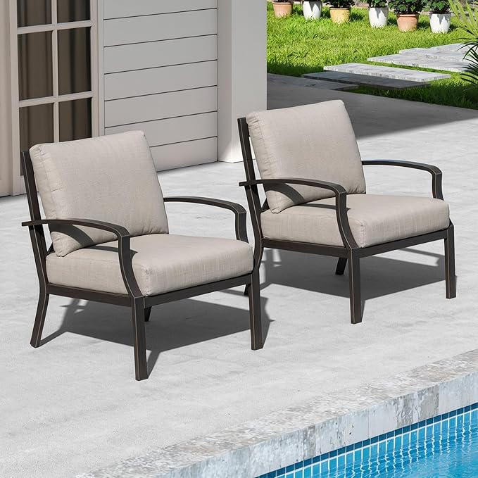 Outdoor Sofa Chair Set of 2, Never-Rust Aluminum Patio Club Chairs, Deep-Seating Patio Sofa Armchair with Thick Cushion, Outdoor Single Chairs for Garden, Deck, Indoor, Poolside, Dark Bronze