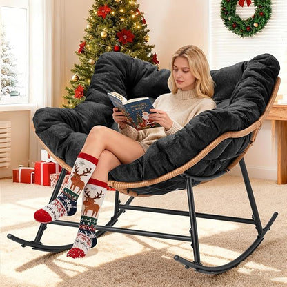 Outdoor Rocking Chair, Oversized Papasan Reading Chair Indoor with Thick Cushion, Comfy Rattan Rocker Egg Chair for Patio, Garden, Balcony, Lawn, Backyard, Bedroom, up to 450lbs, Black