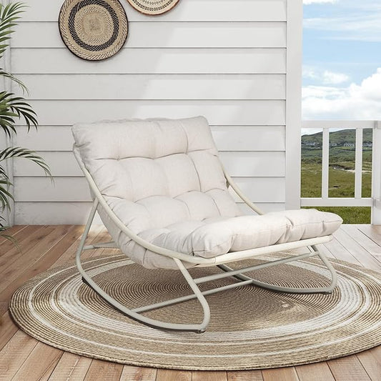 Grand patio Outdoor Rocking Chair, Metal Lounge Rocking Chair with Thick Cushion, Comfy Modern Rocker for Patio Porch Deck Backyard, Beige