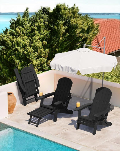 YEFU Adjustable Adirondack Chair with Retractable Ottoman Set of 6,Folding Adirondack Chair with 2 Cup-Holders, Outdoor Chairs with Footrest,Weather Resistant Fire Pit Chairs,for Patio Lawn(Black)