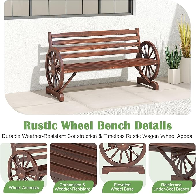 FIZZEEY Outdoor Bench - 52" Long Outside Garden Bench with Slatted Backrest & Wagon Wheel Armrests, Porch Furniture for Porch, Yard, Lawn, Rustic Brown