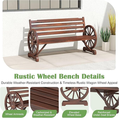 FIZZEEY Outdoor Bench - 52" Long Outside Garden Bench with Slatted Backrest & Wagon Wheel Armrests, Porch Furniture for Porch, Yard, Lawn, Rustic Brown