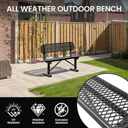 4 Feet Heavy Duty Metal Park Bench for Outside, Outdoor Bench with Backrest & Portable Frame, Commercial Benches for Shopping Malls, Stores, Parks, Patios, Decks, Black