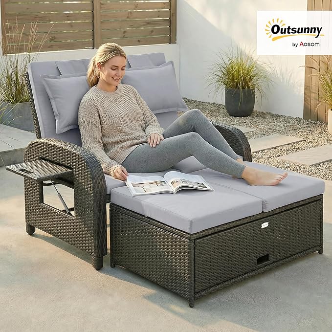 Outsunny Patio Rattan Daybed, Wicker Outdoor Daybed with Storage Ottoman, Loveseat Sofa with Adjustable Backrest, Side Tables, Cushions, Headrests, Double Sunbed Lounger for Balcony, Gray