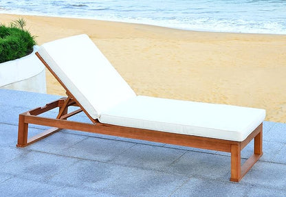 SAFAVIEH Outdoor Collection Solano Natural Brown Solid Wood/Beige Cushion Patio Adjustable Chaise Lounge Chair (PAT7024A)