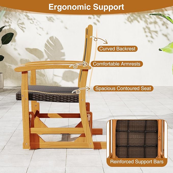 HAPPYGRILL Outdoor Glider Bench Acacia Wood Porch Glider with Rattan Seat and Backrest, Curved Armrests, 2-Person Swing Rocking Chair for Patio, Backyard, Garden, Balcony