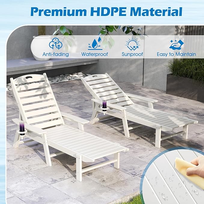 Giantex Lounge Chair Outdoor, Oversized Chaise Lounge Chair with 4-Position Backrest, Rotatory Cup Holder, Weatherproof HDPE Patio Lounge Chair for Outside Garden Deck Poolside Backyard, White (2)