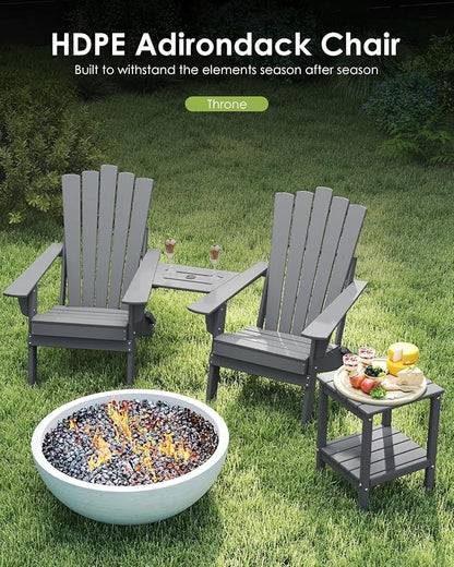 GREENVINES Folding-Adirondack-Chairs-Set-of-2 | HDPE Plastic | Throne Series | Fire Pit Chair | with Connecting Tray | Removable Table | All Weather | for Outdoor Patio Deck Poolside | Grey