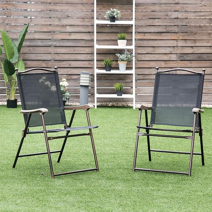 Giantex Set of 2 Patio Folding Chairs, Outdoor Patio Dining Chairs w/Armrest, Sling Back, Metal Frame - Photo 2