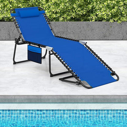 GYMAX Lounge Chair for Outside, 440lbs 27” Oversize Folding Beach Tanning Sunbath Chair with Adjustable Backrest & Removable Pillow, Lightweight Portable Patio Lounger for Lawn Poolside (Blue,1)