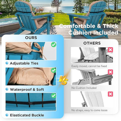nalone Folding Adirondack Chairs Set of 2 with Cushion with Cup Holder, HDPE Plastic Oversized Patio Chair Weather Resistant, Used in Outdoor, Fire Pit, Deck, Garden, Campfire Chairs (Blue)