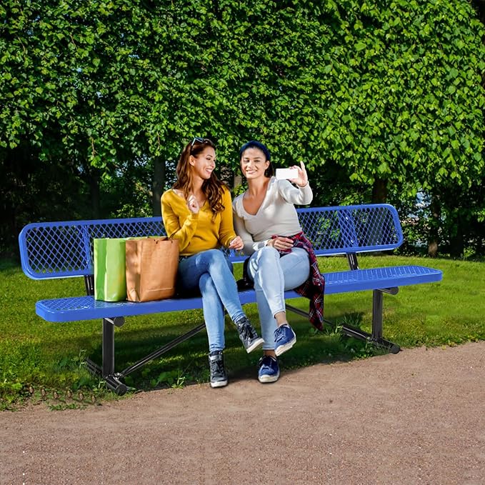 8FT Heavy-Duty Park Bench for Outside - Black Coated Outdoor Furniture Steel Bench, Commercial-Grade Outdoor Benches Weatherproof for Park, Patio, Porch (Portable with Back) (Blue, 8FT)