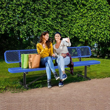 8FT Heavy-Duty Park Bench for Outside - Black Coated Outdoor Furniture Steel Bench, Commercial-Grade Outdoor Benches Weatherproof for Park, Patio, Porch (Portable with Back) (Blue, 8FT)
