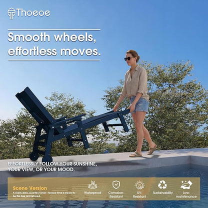 THOEOE Patio Chaise Lounge Chair Set of 4, Oversized Lounge Chair Outdoor with 5 Positions, HDPE, Patio Lounge Chair with Wheels & Cup Holder for Pool, Deck, Poolside,Navy Blue