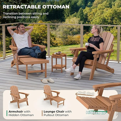BRIOPAWS Adirondack-Chairs-with-Pull-Out-Footrest | Set of 2 | Folding | HDPE Plastic | Fire Pit Chair | All Weather | Cup Holders | Curved Back | Retractable Ottoman | for Poolside Deck | Teak
