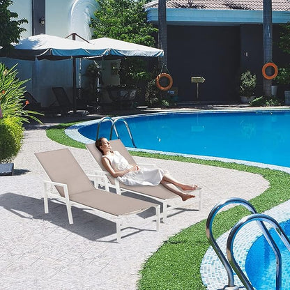 Aluminum Chaise Lounge Chairs Set of 2,5 Adjustable Outdoor Lounge Chaise Chairs,Patio Chaise Lounge with Armrests,for Beach Poolside,Balcony,Yard(Light Taupe)