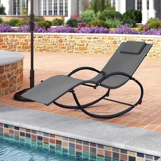 Giantex Outdoor Rocking Lounge Chair, Zero Gravity Rocking Chair with Removable Headrest, Breathable Backrest & Seat - Photo 9