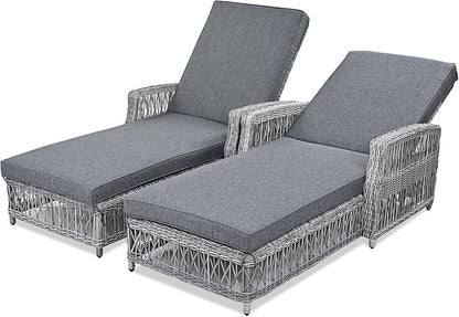 Merax Outdoor Rattan Chaise Lounge Set of 2, All Weather Wicker Patio Reclining Chairs with 4 Adjustable Backrest and Armrests, Sunbathing Recliner & Soft Removable Cushions for Poolside, Garden, Gray