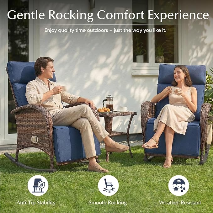 Belord 3 Piece Wicker Patio Furniture Set - Outdoor Swivel Rocker Recliner Chair with Adjustable Backrest & Footrest, All Weather Reclining Lounge Chair with Thick Cushion for Pool Deck Garden Blue
