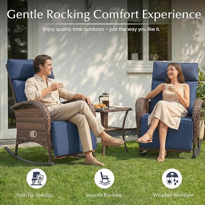 Belord 3 Piece Wicker Patio Furniture Set - Outdoor Swivel Rocker Recliner Chair with Adjustable Backrest & Footrest, All Weather Reclining Lounge Chair with Thick Cushion for Pool Deck Garden Blue