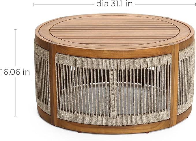 LuxenHome Outdoor Coffee Table, 31'' Acacia Wood Rope Drum Round Sides Patio Tables - Photo 2