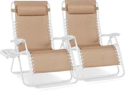 Best Choice Products Set of 2 Extra Wide Adjustable Steel Mesh Zero Gravity Lounge Chair Recliners w/Pillows and Cup Holder Trays - Sand/White