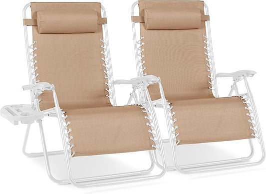 Best Choice Products Set of 2 Extra Wide Adjustable Steel Mesh Zero Gravity Lounge Chair Recliners w/Pillows and Cup Holder Trays - Sand/White