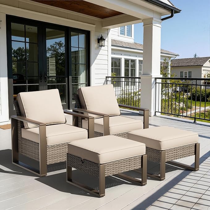 Outdoor Wicker Metal Chairs Set of 2 with Two Ottomans - 4 Pieces Patio Bistro Set with Rectangular Framed Wood-Looking - Photo 9