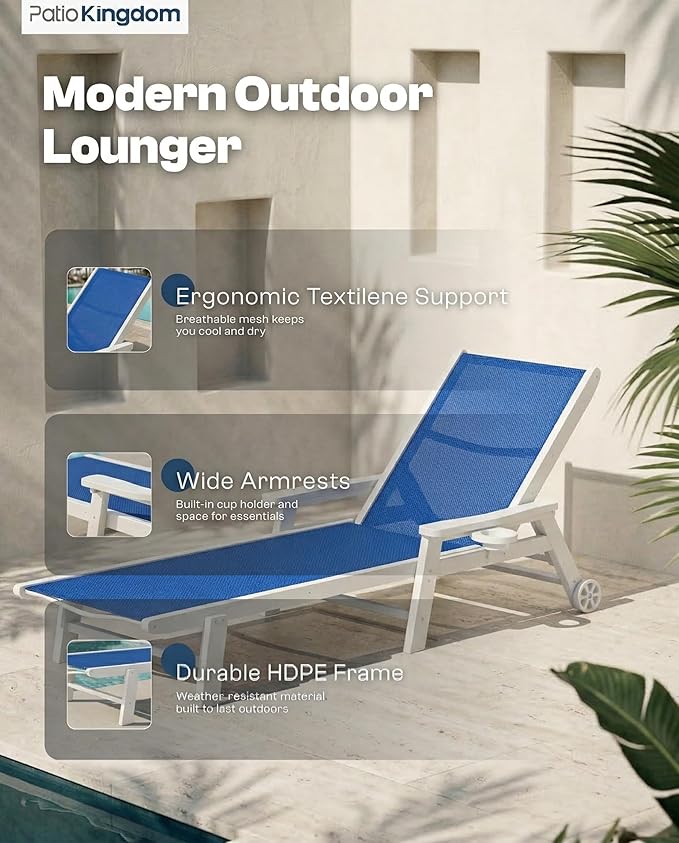 Patio Chaise Lounge Chair with Wheels & Cup Holder, HDPE Textilene Outdoor Lounge Chair 5 Positions Adjustable for Poolside Deck Patio Backyard (4, White Frame, Royal Blue Textilene)